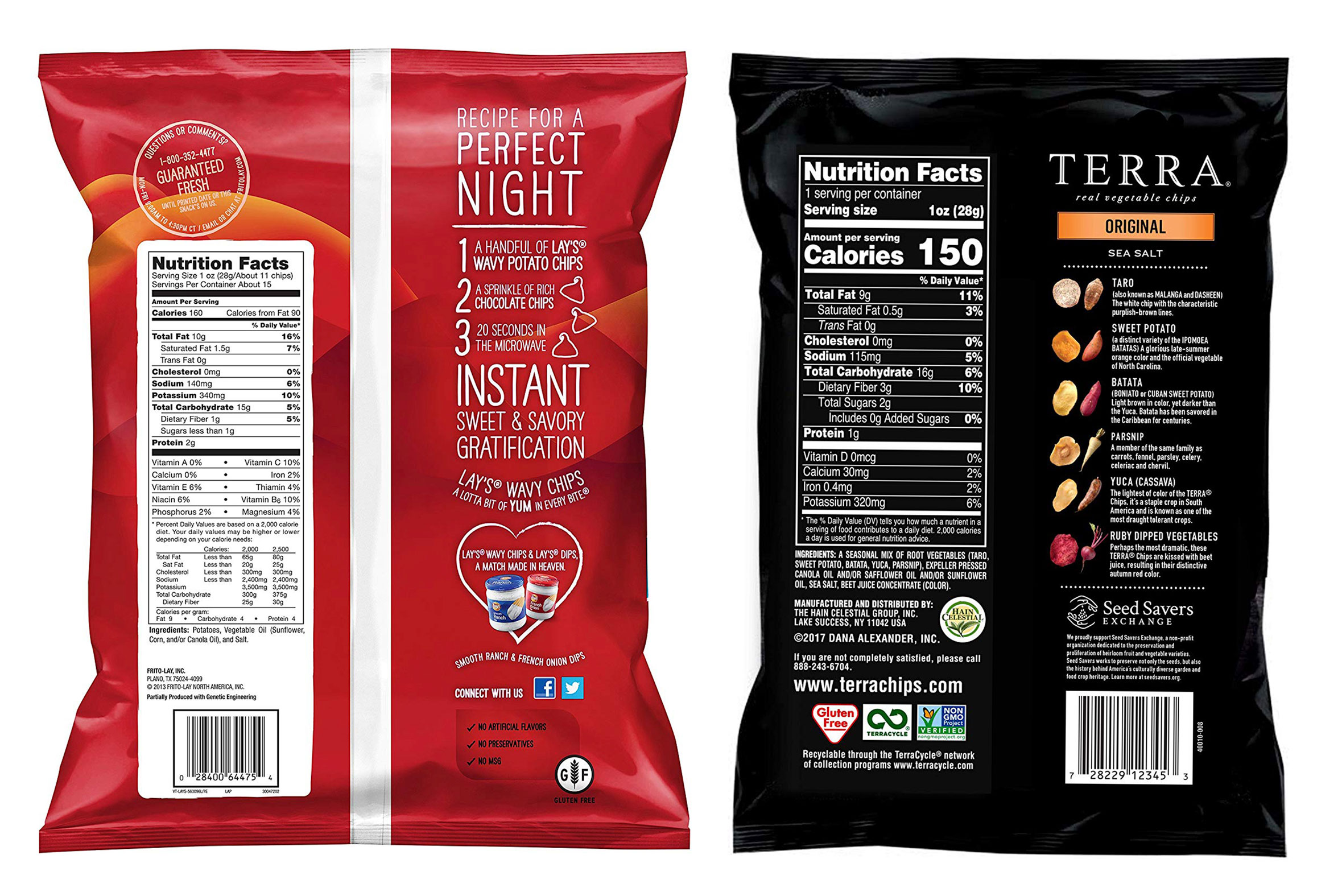 Compare labels of veggie chips to potato chips