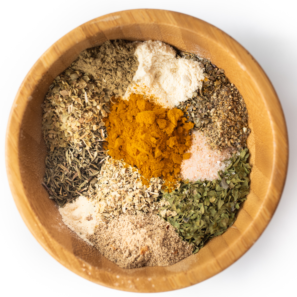 Photo of all of the spices in a bowl that make the Vegan Herb Broth (Chicken Broth Sub)